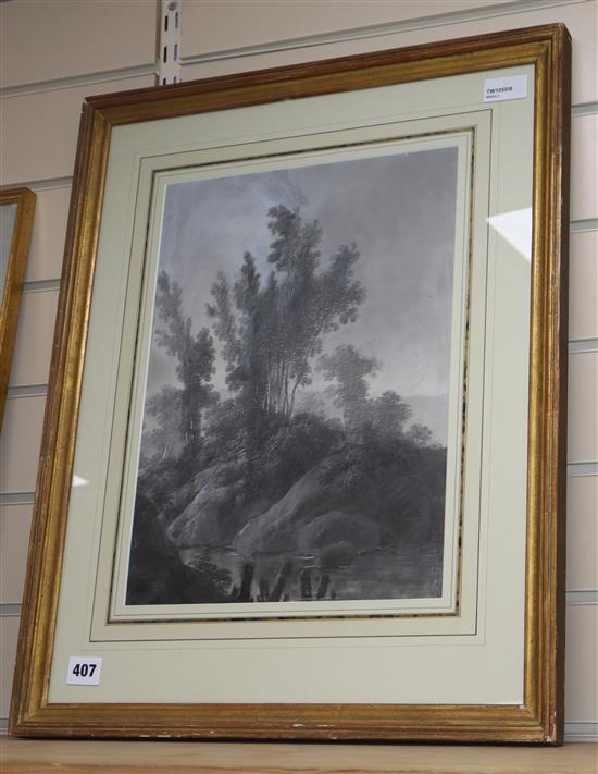 French School (19th century), rocky river landscape, charcoal and pastel en grisaille, 38 x 27.5cm